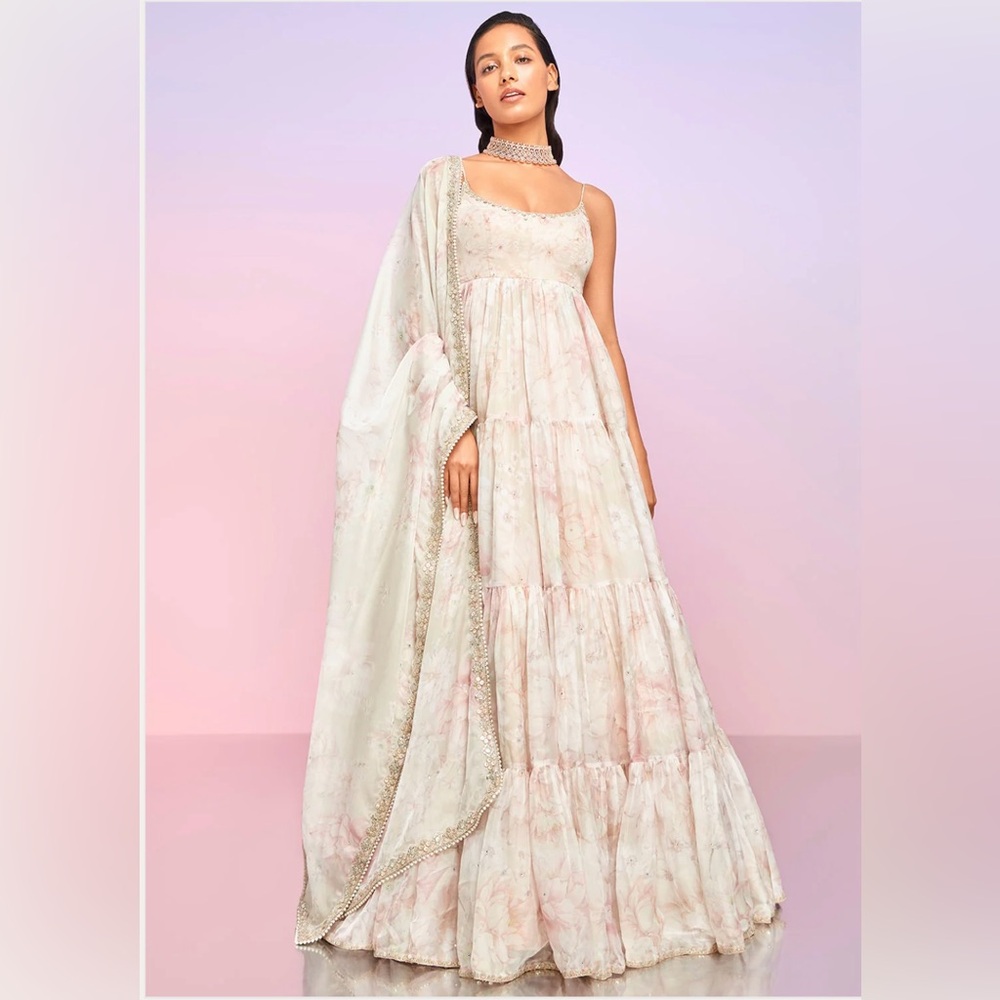 Floral & Pearl Embellished Anarkali Gown with Dupatta